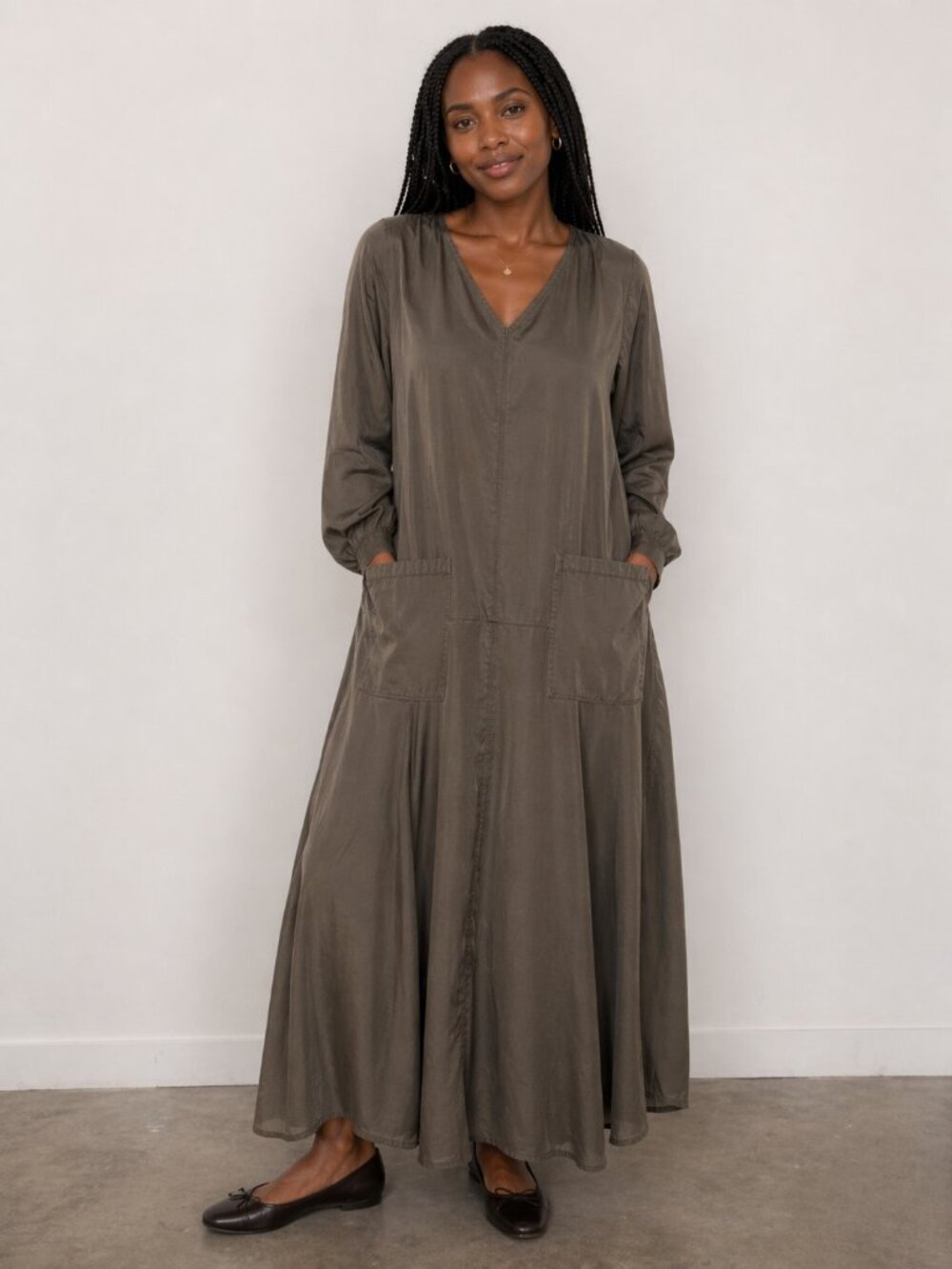 SHUKR Olive Green Lyocell V-Neck Maxi Dress Pockets Modest Boho Minimalist Sz M